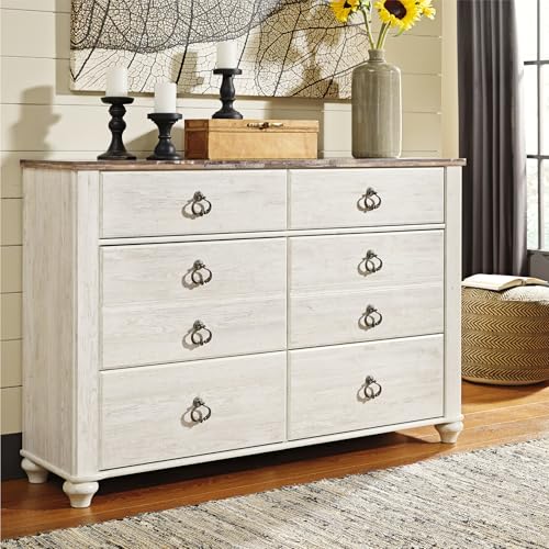 Signature Design by Ashley Willowton Dresser, 6 Drawer Whitewash Bedroom Dresser, Coastal Cottage Style Chest of Drawers, Engineered Wood, Antique Brass Ring-Pulls, 61" W