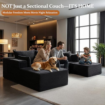 108" Oversized Cloud Sectional Couch, Comfort U Shaped Boneless Couch for Living Room, Extra Deep Seats No Assembly, Modular Sofa, Corduroy (Black, 2 Seater + Left Facing Chaise + Ottoman)