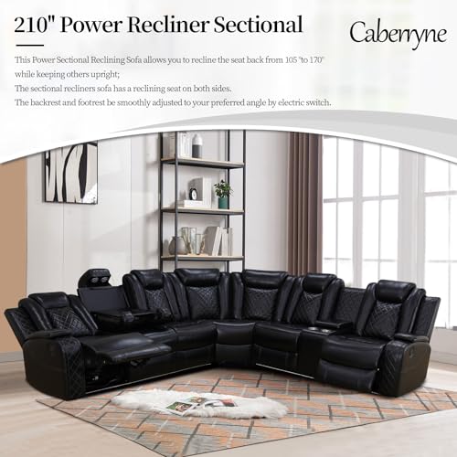 Power Recliner Sofa Sectional Couch for Living Room Furniture Set,Leather Reclining Corner Sectional Couch with 3 Recliner Seats,Cup Holder,Storage,LED Light for House/Home Theater, Black