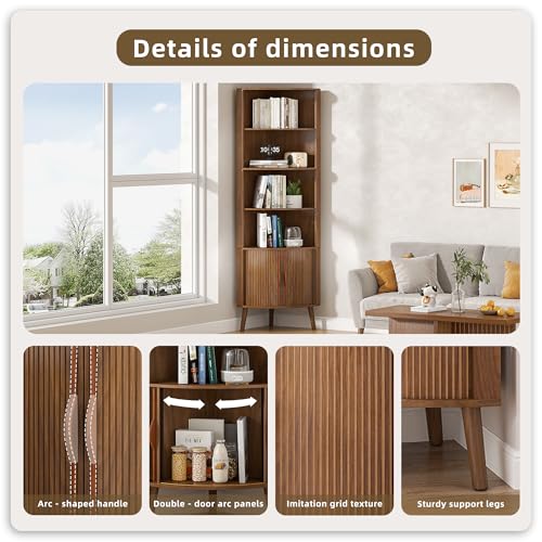66'' Tall Corner Bookshelf with 2 Fluted Sliding Doors,Walnut, view 5