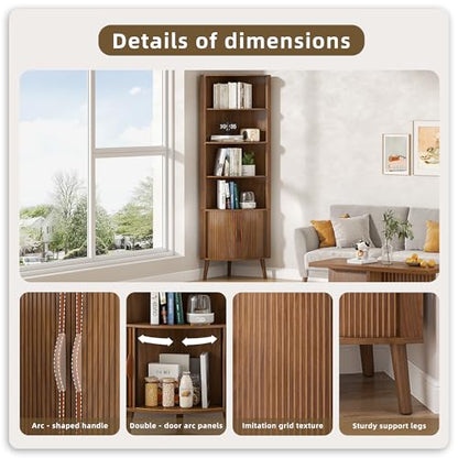66'' Tall Corner Bookshelf with 2 Fluted Sliding Doors,Walnut, view 5