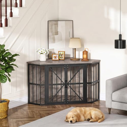 44" Corner Dog Crate Furniture for Medium Dogs, Greige TGW03BG, view 7