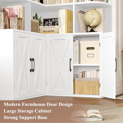 74" Tall Corner Bookshelf, White Bookshelf with Doors, view 7