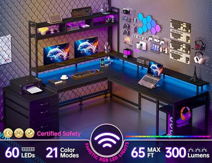 104'' L Shaped Gaming Desk, Reversible Two Person Corner Computer Desk with LED Lights & Power Outlet, Monitor Stand & 3 Drawers, Home Office Workstation for Gaming Room, Black