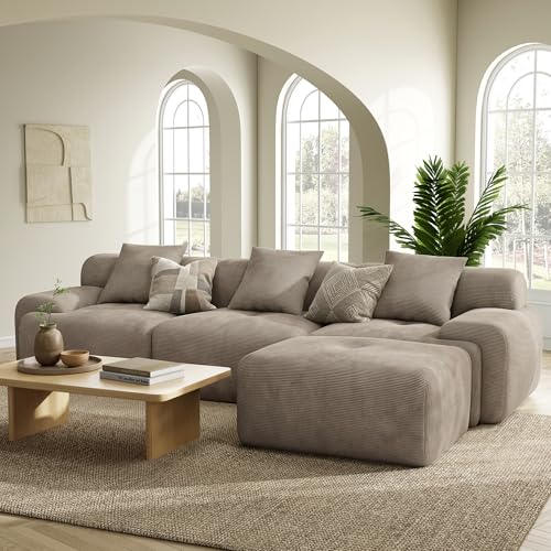 LumiCord Modular Sectional Sofa with Ottoman, 118" L-Shaped Boneless Couch for Living Room, Oversized Deep Seat with Corduroy Upholstery, No Assembly Required, Light Brown