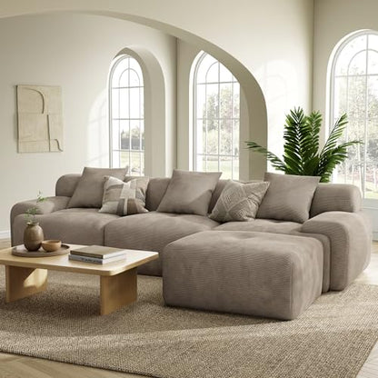 LumiCord Modular Sectional Sofa with Ottoman, 118" L-Shaped Boneless Couch for Living Room, Oversized Deep Seat with Corduroy Upholstery, No Assembly Required, Light Brown