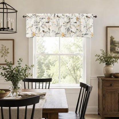 Gray Birds Valance for Kitchen Windows Floral Print Window Shades Rod Pocket Curtain Valances for Cafe Farmhouse, 52''x14'', One Piece