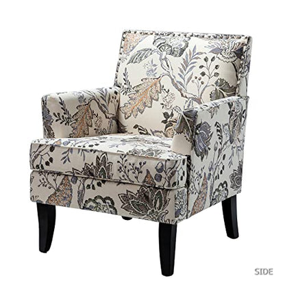 Modern Accent Chair, Printed Armchair, Orange Grey | Solid Wood Legs & Padded Cushion, Classic Rivet Decoration Design, Upholstered Floral Arm Chair for Living Room Bedroom