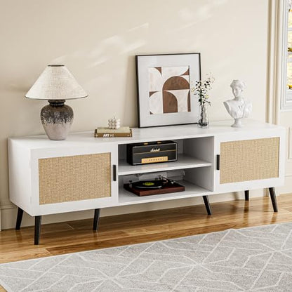 TV Stand with Rattan Doors for TVs up to 65", Mid-Century, White, view 2