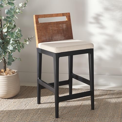 SAFAVIEH Furniture - Darin Counter Stool - Brown & White - Solid Wood - Coastal Upholstered Design - Ideal for Kitchen, Bar Area, Dining Room - Fully Assembled (BST4001D)