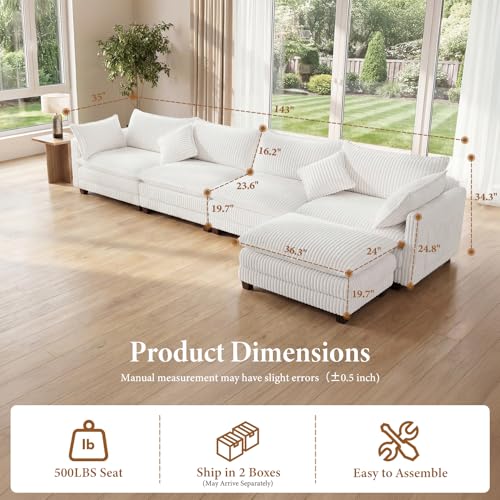 143" L Shaped Modular Sectional Sofa, Comfy Corduroy Upholstered Modular Sectional Couches for Living Room, Modern Cloud Couch with Ottoman Deep Seat, Warm White