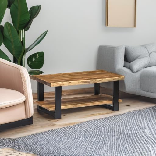 Alpine 2-Tier Live Edge Coffee Table – 42" Solid Acacia Wood with Natural Finish, Lower Shelf Storage and Metal Frame – Rustic Industrial Style for Living Room or Home Office