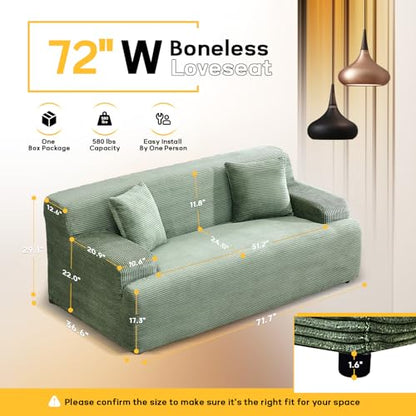 72" W Boneless Loveseat Sofa, Cloud Corduroy Couch in a Box, Compressed Deep Seat Sofa with 10.6" Wide Curved Armrests, Easy Assembly Required for Living Room, Apartments & Office, Green