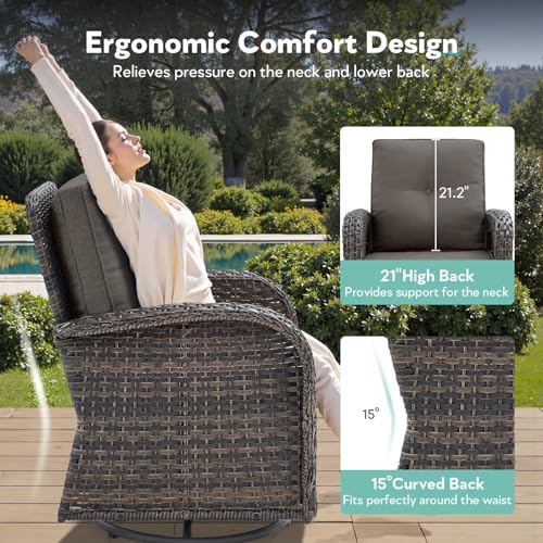 Outdoor Swivel Glider Rocker Chairs Set of 4 - Wicker Patio Furniture Set All Weather Patio Conversatio Sets with 2 Tempered Glass Side Table for Deck Backyard - Brown Wicker Grey Cushion