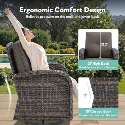 Outdoor Swivel Glider Rocker Chairs Set of 4 - Wicker Patio Furniture Set All Weather Patio Conversatio Sets with 2 Tempered Glass Side Table for Deck Backyard - Brown Wicker Grey Cushion
