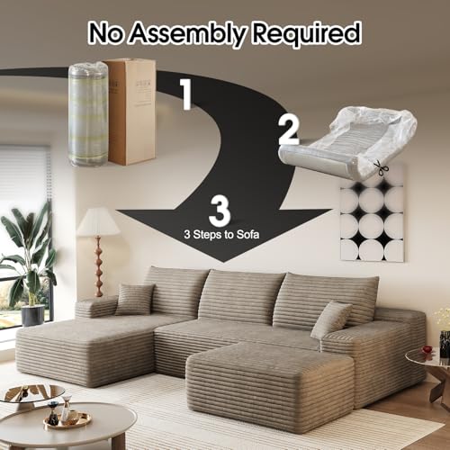 107" Comfy U-Shaped Sectional Modern Boneless Corduroy Couch with Chaise ‌and Ottoman‌ - No Assembly Required! Deep-Seat, Upholstered Modular Cloud Sofa for Living Room, Plush Corduroy Fabric(Camel)