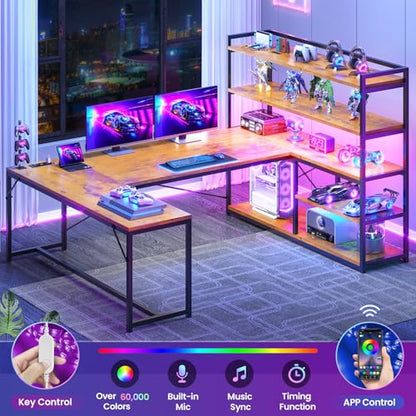 L Shaped Desk with Storage Shelves, 63” Reversible U Shaped Office Desk, Gaming Desk with Power Outlet and LED Lights for Home Office, Rustic Brown