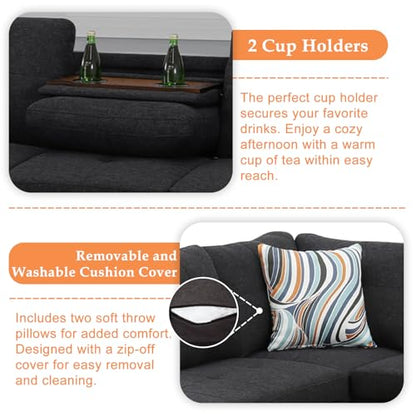Sectional Sofa Couch, Modern 4-Seaters Living Room Furniture Sets with Chaise Lounge, Ottoman & 2 Pillows | L Shape Couch | Cup Holder | Linen Fabric, Charcoal Gray