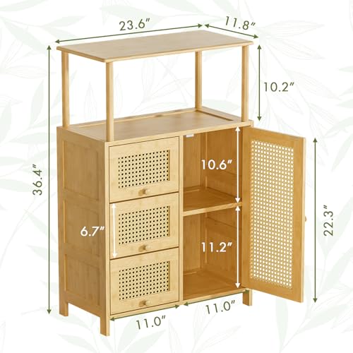Sideboard Buffet Cabinet with Storage, Bamboo Storage Cabinets, Rattan Sideboard with Adjustable Shelf, Pantry Cupboard for Kitchen Living Room Entry Coffee Bar, Natural Color
