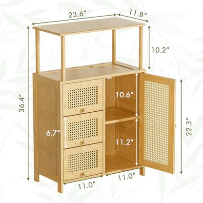 Sideboard Buffet Cabinet with Storage, Bamboo Storage Cabinets, Rattan Sideboard with Adjustable Shelf, Pantry Cupboard for Kitchen Living Room Entry Coffee Bar, Natural Color