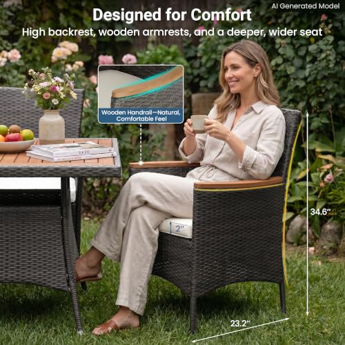 5-Pieces Patio Table and Chairs Set, Rattan Patio Table Set with Acacia Wood Tabletop, Patio Outdoor Dining Set for 4, Patio Furniture Set with Cushions for Deck Garden Backyard, Grey