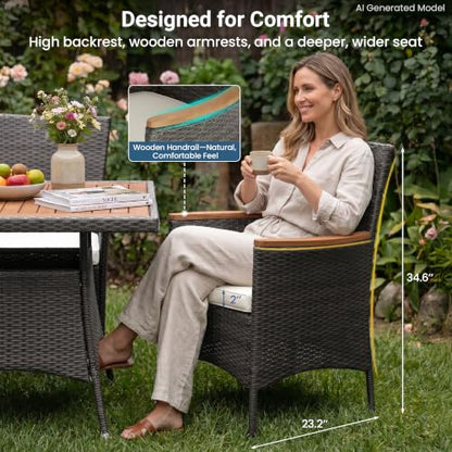 5-Pieces Patio Table and Chairs Set, Rattan Patio Table Set with Acacia Wood Tabletop, Patio Outdoor Dining Set for 4, Patio Furniture Set with Cushions for Deck Garden Backyard, Grey