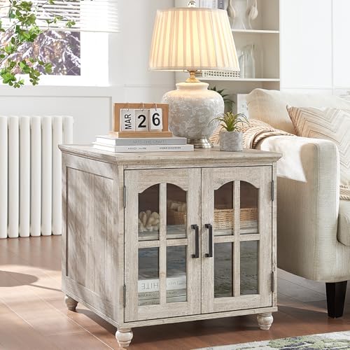 Farmhouse End Table Set of 2 with Charging Station, 18'' Narrow Side Table and 24" Large Sofa Table with Glass Barn Door Storage, Wood Night Stand Bedside Cabinet for Living Room,Bedroom