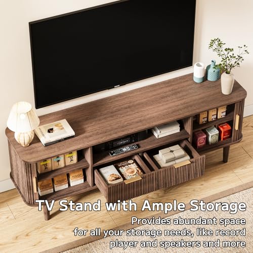 62" Mid Century Modern Fluted TV Stand, Tambour Doors, view 5