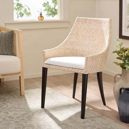 SAFAVIEH Home Collection – Riko White Washed Rattan Arm Chair with Ivory Seat Cushion, Modern Curved Silhouette, Fully Assembled (ACH4906A)