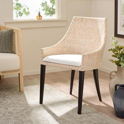 SAFAVIEH Home Collection – Riko White Washed Rattan Arm Chair with Ivory Seat Cushion, Modern Curved Silhouette, Fully Assembled (ACH4906A)