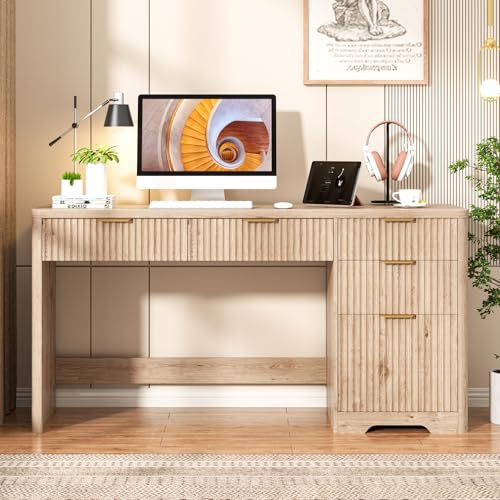 59" Fluted Executive Desk with Adjustable File Drawer, Oak, view 8