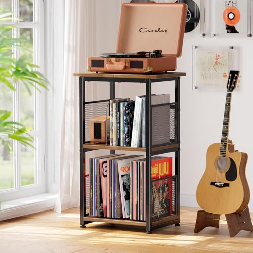 Record Player Stand, 3 Tiers Tall Side Table, Turntable Table with Vinyl Record Storage Up to 200 Albums, Rustic Brown