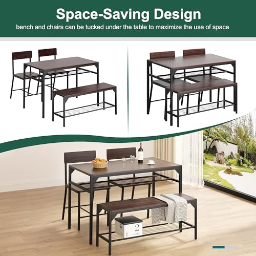 Kitchen Table Chairs Set of 4, Dining Table Set for 4 with Bench and Chairs, 4 Pieces Kitchen Table Set with Storage Rack & Metal Frame for Small Space, Dark Walnut