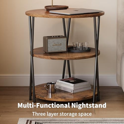23 Inch Round Side Table 3-Tier End Table Living Room Small Patio Table Nightstands Round Coffee Table Spacious Top for Couch Bedroom 3 Storage Shelves Accent Coffee Table, Rustic Brown