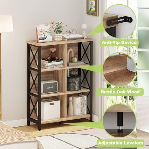 Bookcase, 6 Cube Storage Organizer Shelf, Wood and Metal Cubby Book Shelf, Industrial 4 Tier Cube Bookshelf (Rustic Oak)
