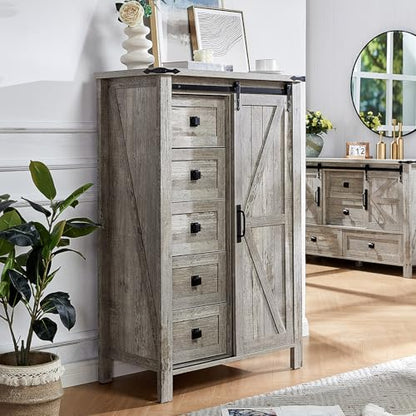 31.5'' Farmhouse Dresser with Sliding Barn Doors, 48" Rustic 5 Drawer Tall Dresser, Storage Organizer for Bedroom, Entryway, Light Rustic Oak