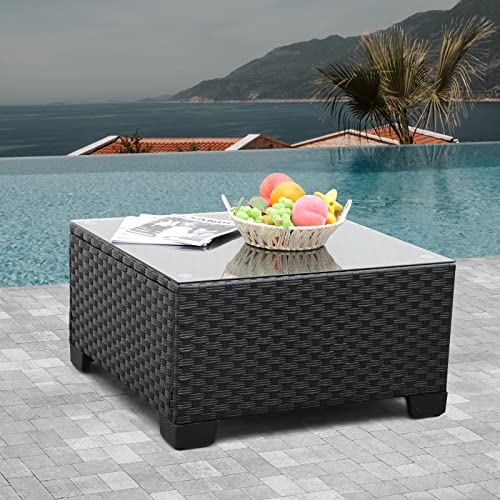 Black wicker square outdoor side table with tempered glass top, view 2