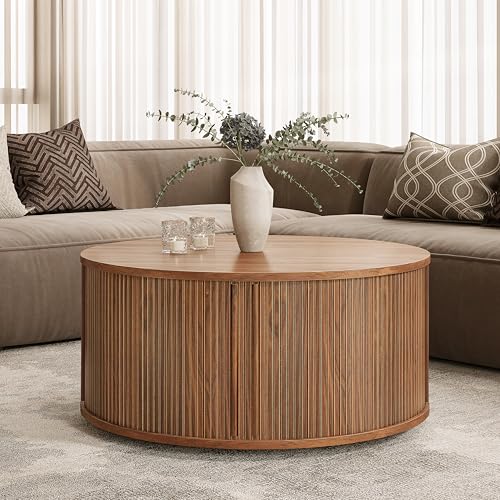 35'' Round Coffee Table with Storage and Shelves - Round Center Table for Living Room and Office. Wood Mid Century Modern Coffee Tables for Living Room (Walnut)