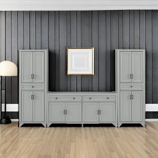 Tara 3-Piece Modern Farmhouse Sideboard Buffet Cabinet and Kitchen Storage Pantry Set, Distressed Gray