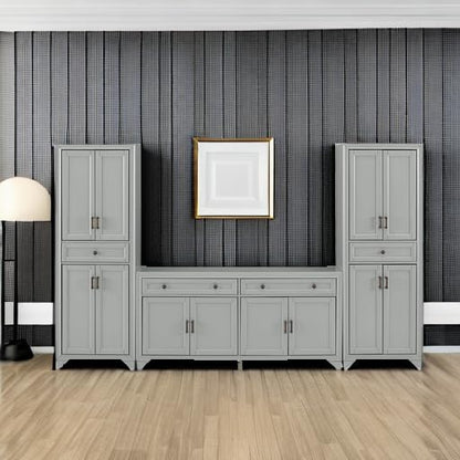Tara 3-Piece Modern Farmhouse Sideboard Buffet Cabinet and Kitchen Storage Pantry Set, Distressed Gray