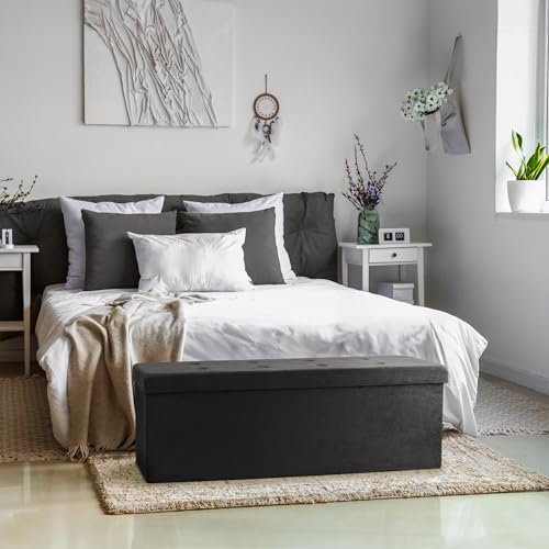 Storage Ottoman Bench – for Living Room, Hallway, End of Bed, Bedroom Bench 43 in Large Folding Chest Seat Trunk w/Cover – Blankets, Coffee Table, Foot Rest– Tufted Velvet Linen Fabric (Black)