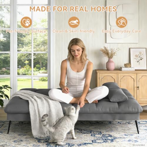 72″Futon Sofa Bed,Modern Convertible Sleeper Sofa, Fabric Futon Couch with Multi-Position Backrest for Living Room Furniture (Grey) | Convertible Fabric futon couch with pillows, upholstered recliner lounge, multi-angle loveseat, living room furniture