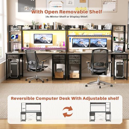 Desk with LED and Outlets, Gaming Desks with Hutch, 55.2'' Computer Desk with Drawers, Reversible Office Desk with Storage Bookshelf Large Workstation with Shelf, Desk for Home, Black Oak