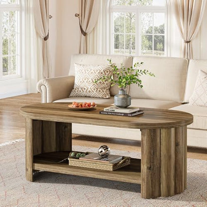 47.24" Oval Coffee Table, 2-Tier Coffee Table with Storage Shelf, Farmhouse Wooden Accent Center Tables with Dual Base for Living Room Bedroom Apartment