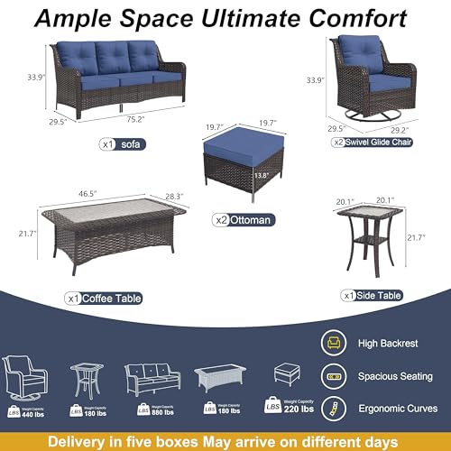 7-Piece Patio Furniture Set, Outdoor Thick Wicker Sectional Sofas with 2 Swivel Chairs, High Back Sectional Sofa Couch, Outdoor Conversation Set for Backyard, Porch, Deck, Dark Blue
