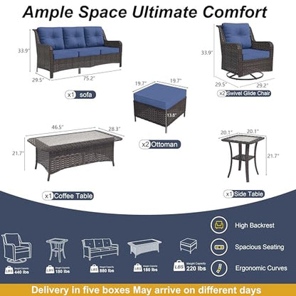 7-Piece Patio Furniture Set, Outdoor Thick Wicker Sectional Sofas with 2 Swivel Chairs, High Back Sectional Sofa Couch, Outdoor Conversation Set for Backyard, Porch, Deck, Dark Blue