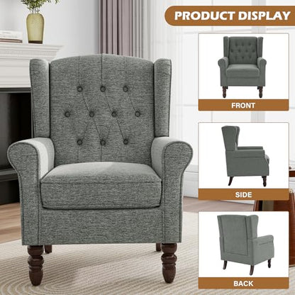 Mid-Century Modern Wingback Accent Chair - Plush Upholstered Armchair with Solid Oak Legs, Ergonomic High Back Design for Living Room, Bedroom Home Office - Stylish Retro Reading Lounge Chair, Gray