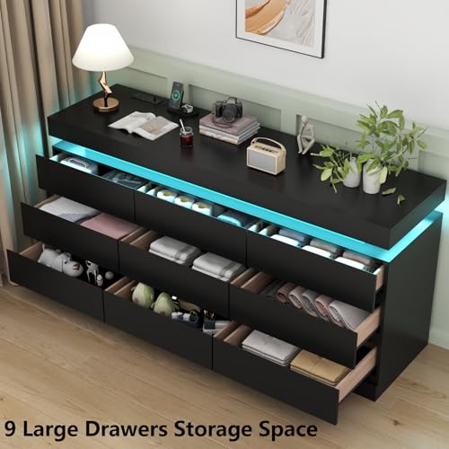9 Drawer Dresser with Power Outlet, Modern Dresser with LED Light, view 6