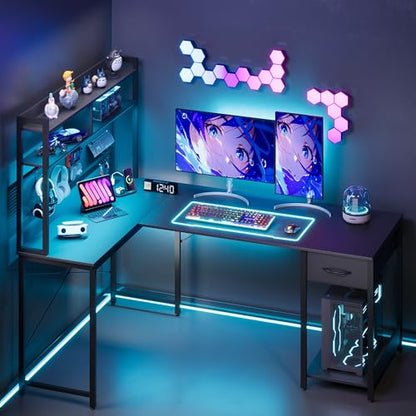 L Shaped Gaming Desk 53" with Hutch, LED Light and Drawer, view 3