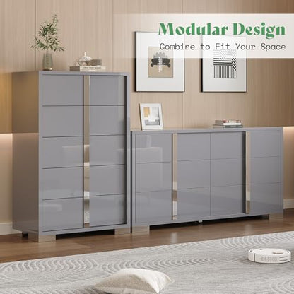 4 Piece Bedroom Dresser Set, Modern High Gloss UV Finish, 2 Nightstands, Chest of 5 Drawers & 6-Drawer Dresser, Electroplated Metal Handles, Bedroom Furniture Set, Grey